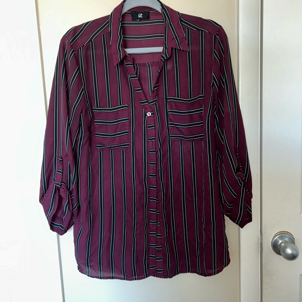 Iz Byer Burgundy Striped Button Down Shirt